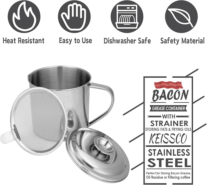 Bacon Grease Container with Strainer, Stainless Steel Oil Storage Can Container - Image 8