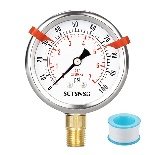 0 to 100 Psi Pressure Gauge, Glycerin Liquid Filled, 2.5 inch Dial, 1/4" NPT by SCTSNSR
