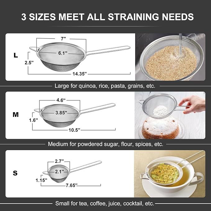 Walfos Fine Mesh Strainer Set of 3, Stainless Steel Wire Strainers - Image 2