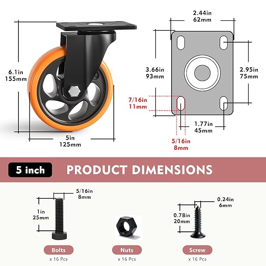 5 Inch Heavy Duty Caster Wheels, Industrial Casters Set of 4 Load 2000lbs - Image 2