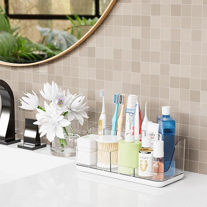 Yieach Mens Bathroom Organizer Countertop,Bathroom Sink Caddy Countertop Storage,White 7 Slot Vanity Bathroom Toiletry Organizers and Toothbrush Holders for Toothpaste,Electric Tooth Brush Organizer