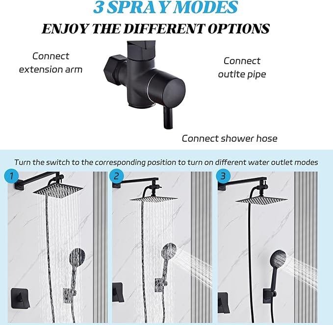 Shower Head 8'' High Pressure Rainfall, Handheld Shower Combo with 11'' Extension Arm, 5 Spray, Anti-leak Luxury Premium Quality, Rainfall Shower Head with Handheld Spray Combo, Matte Black