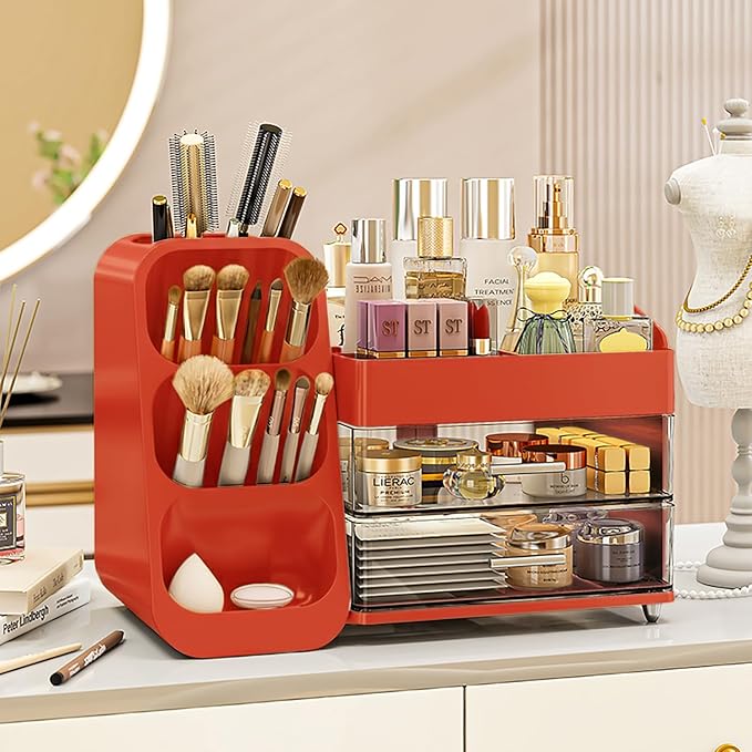 Makeup Organizer with Drawers for Vanity,Spacious Cosmetic Display Case,Perfect Storage Solution for Your Beauty Essential (Red)