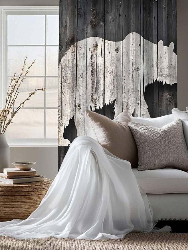 Sheer Curtains 63 Inch Length, Farmhouse Country Rustic Wooden Grain Privacy - Image 4