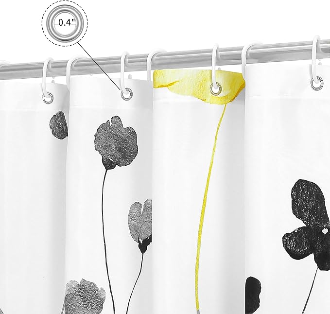 Gibelle Long Shower Curtain 72 x 78, Watercolor Floral Fabric Shower Curtain, Yellow Grey Flower Decorative Bathroom Shower Curtain Set