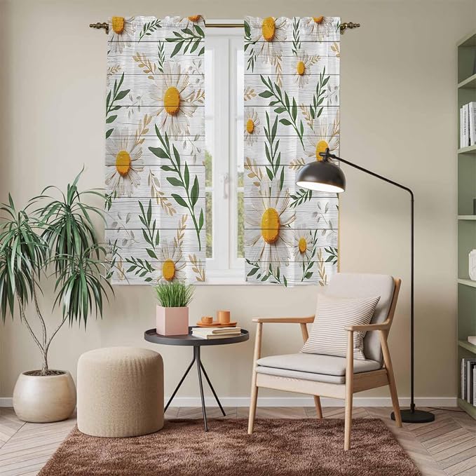 Spring Daisy Kitchen Curtains, Farmhouse Country Flower Leaf Plant Wood Grain - Image 7