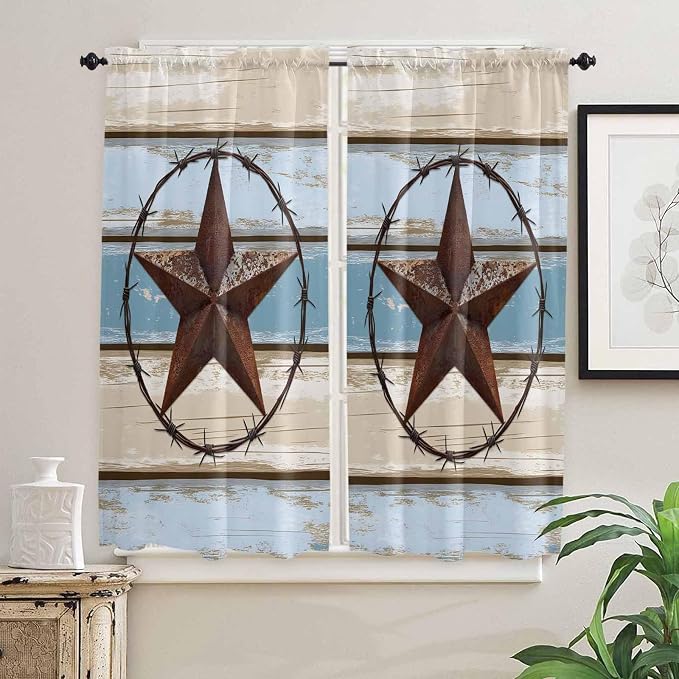 Vintage Western Star on Wood Grain Window Valance Curtains, Retro Wooden - Image 7