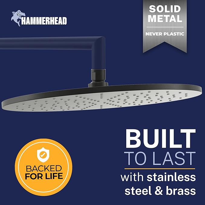 HammerHead Showers® Solid Metal 12 Inch Rainfall Shower Head, Large Rain Shower Head, 2.5 GPM High Flow Shower Head Optimized for Pressure, Wall-Mounted or Ceiling Rain Shower Head, Matte Black