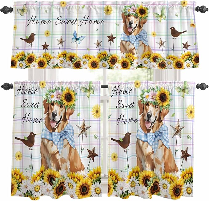 Kitchen Curtains Tiers and Valance Set of 3, Sunflowers Dog Light Filtering by Anzona