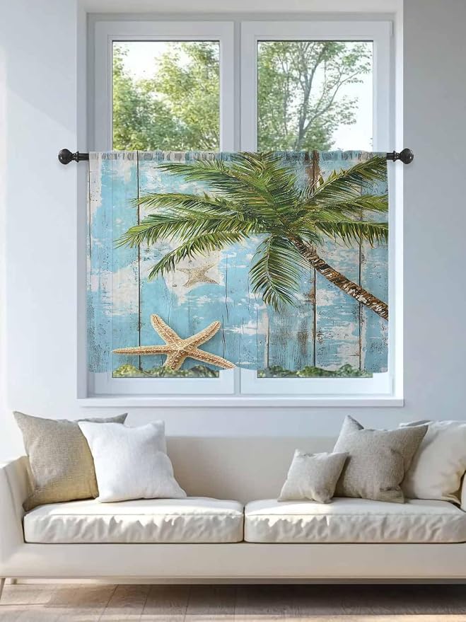 Sheer Curtains 54 Inch Length, Coastal Beach Blue Semi Sheer Curtains Light - Image 4