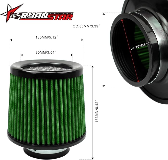 RYANSTAR RACING 76mm 3" High Flow Round Tapered Cone Cool Air Filter Cleaner - Image 2