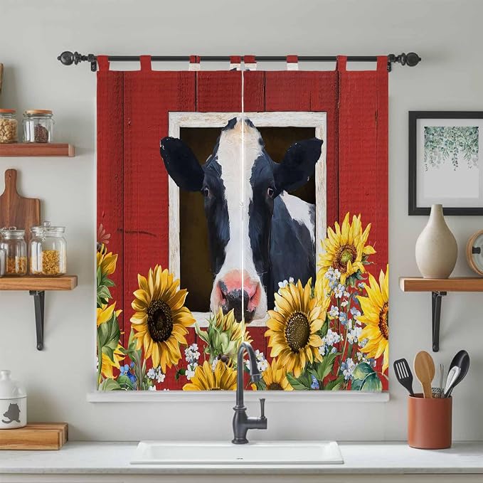 Cow Sunflowers Bedroom Curtains 72 Inch Length, Window Curtains Tab Top - Image 3