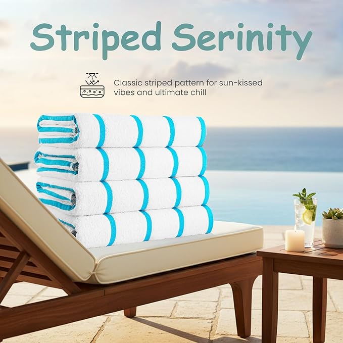 CASA COPENHAGEN Cabana Pool 2 Pieces Large Bath Sheet Set 70" x 35", 550 GSM, Designed in Denmark, Made of Soft Egyptian Cotton for Bathroom, Beach & Shower - White Teal Stripe