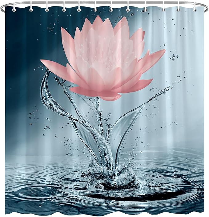 Lotus Shower Curtain Blue Red Flower Elegant Blooming Floral with Dew Spring Flower Reflection on Water Modern Romantic Polyester Fabric Bathroom Decor 108×70 Inch with Hook