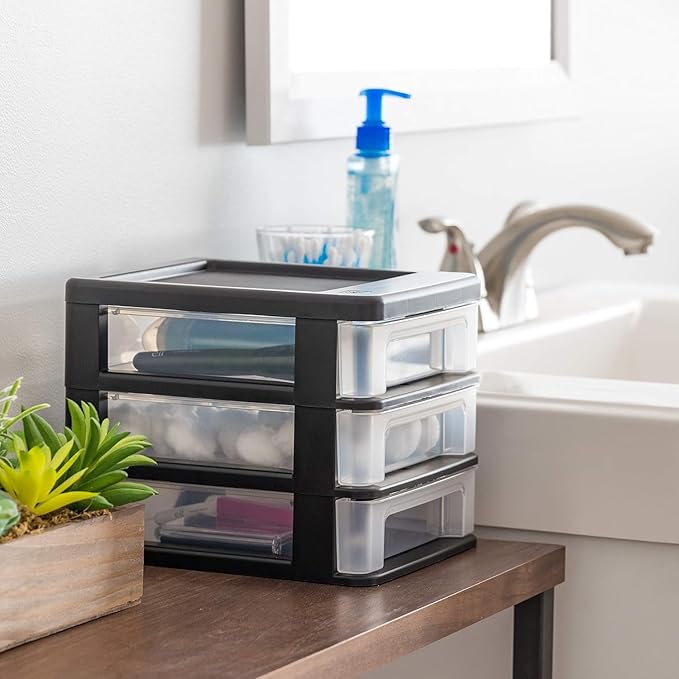 IRIS USA Small 3-Drawer Desktop Organizer, 4 Pack, Stackable, for Office, School, Stationary, Makeup Organizer, Bathroom, Utility, Medical Supplies, Desk Organizer, Versatile Storage, Black