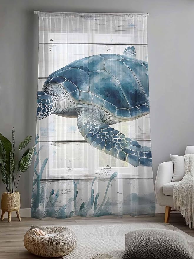 Sheer Curtains 96 Inches Long, Ocean Sea Turtle Semi Sheer Curtains Light - Image 2