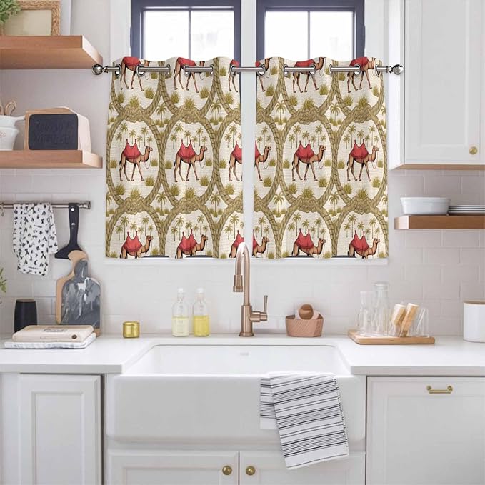2 Panel Kitchen Cafe Curtains, Camels Palm Trees Sunlight Filtering Nature Air - Image 2