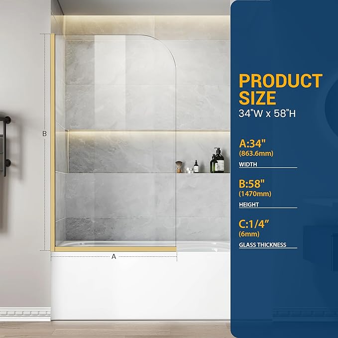 Bathtub Shower Glass Panel, 34" W X 58" H Tub Shower Door Fixed Glass Doors in Brushed Gold with 1/4"(6mm) Clear Tempered Door, Simple Shower Door Panel Easy to Install for Bathroom