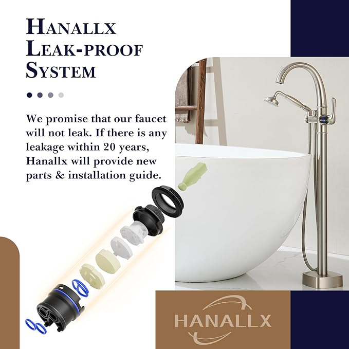 Free Standing Tub Faucet, Hanallx Luxury Brushed Nickel Freestanding Bathtub Faucet with Sprayer, Premium Brass High Flow Rate Floor Mount Tub Filler Swivel Spout, Roman Tub Faucet Set（HM88011-BN）