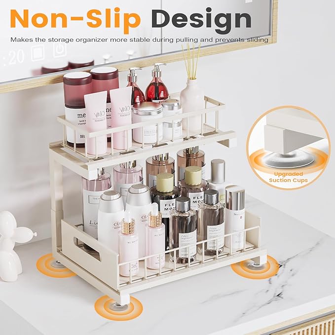 Under Sink Organizer, Heavy Duty Metal Slide Out Sink Shelf Organizer Height Adjustable, Multi-Purpose Storage Shelf for Kitchen Bathroom (Sand,1Pack)
