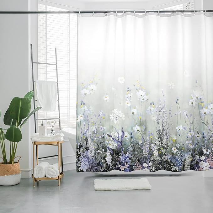 Bohemian Shower Curtain, Boho Floral Print Water Repellent Polyester Fabric for Bathroom Decor, 72×72 Inch Standard Size with 12 Hooks, Also as Room Divider