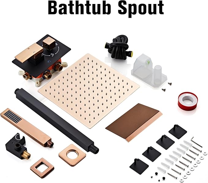 12 Inch Ceiling Mount Shower System Matte Black Gold Rain Mixer Shower Combo Set High Pressure Rainfall Shower Head System Bathroom Luxury Shower Faucet Set Rough-in Valve and Trim Included