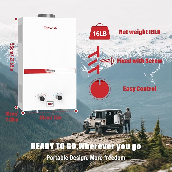 Tankless Water Heater 10L, 2.6GPM Portable Propane Camping Water Heater with Digital Display Overheating Protection, 68,100 BTU Instant Gas Hot Water Warmer for Outdoors RV Shower Cabin
