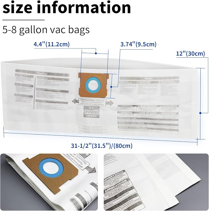 for Shop Vac Bags 5-8 Gallon, Type E 90661 9066133, Type H 90671 9067133; VF2004 - Image 5