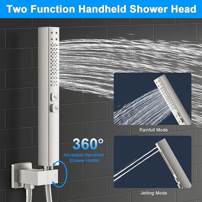 Shower Faucet Set,3-Setting Push Button Brushed Nickel Shower System, 12 Inch Ceiling Mounted Shower Head, 6 Inch Wall Mounted Rain Shower Head with 2 in 1 Handheld Spray, Shower Valve Trim Kit