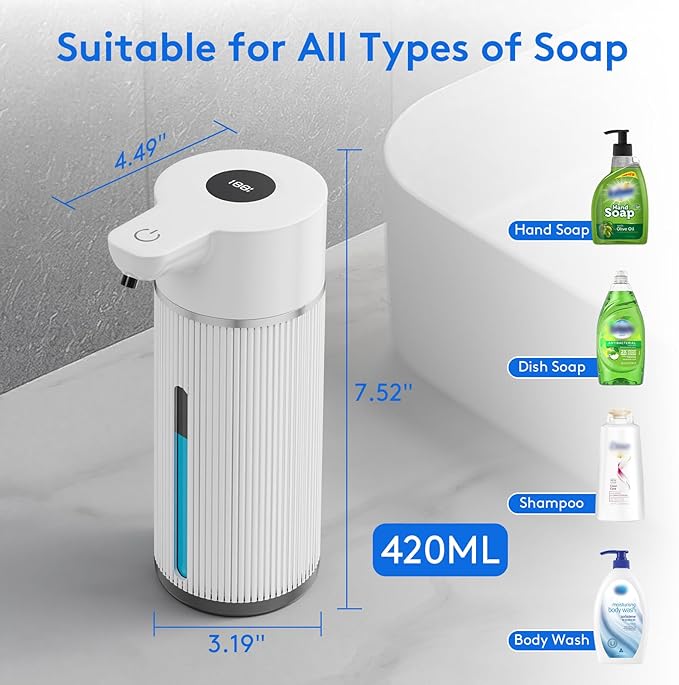 2025 Upgrade Automatic Soap Dispenser Touchless, 14.2oz/420ml Dish Hand Soap Dispenser for Bathroom and Kitchen, 4 Adjustable Volume, USB Rechargeable, Clog-Free, Large Capacity, White