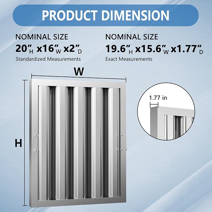 Stainless Steel Commercial Kitchen Hood Filter, 15.5W x 19.5H Inch Range Baffle - Image 2