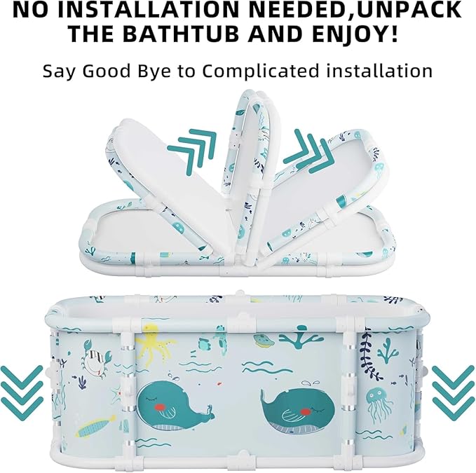 Portable Bathtub, 47“ Foldable Bathtub-Installation Free, 7 Layers Thicken with Metal Support, Therapy Tub for Shower Stall Fold Up Soaking Bath Tub, Hot SPA, Ice (Wonder Ocean D1)