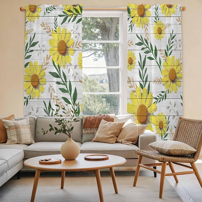 Yellow Daisy Kitchen Curtains, Farmhouse Country Flower Leaf Plant Wood Grain - Image 3