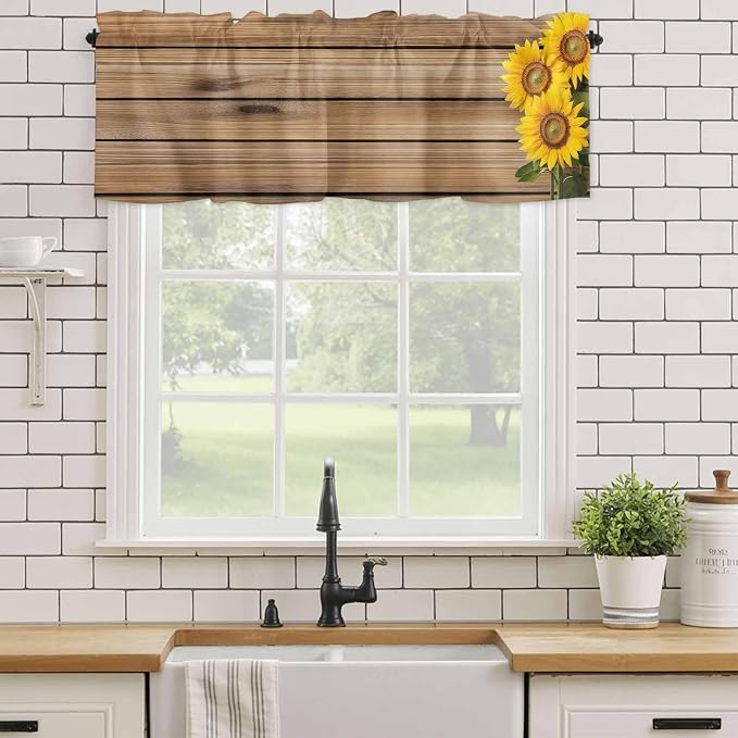 Kitchen Valances for Window, Farm Sunflower on Vintage Wood Grain Light - Image 5