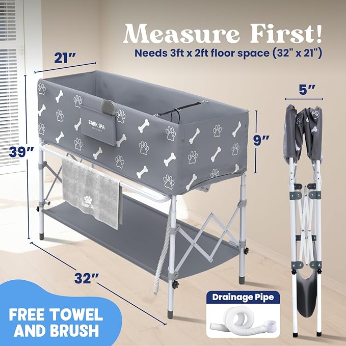 Dog Bath Tub - Free Brush & Towel – Foldable & Portable Dog Washing Station – Lightweight Elevated Design for Indoor & Outdoor Grooming
