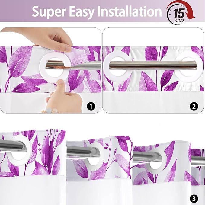 No Hook Shower Curtain and Liner Set, Purple Eucalyptus Floral Shower Curtains for Bathroom, Bath Curtain Sets with Snap in Liner, Waterproof with See Through Top Window, 71x77 Inches