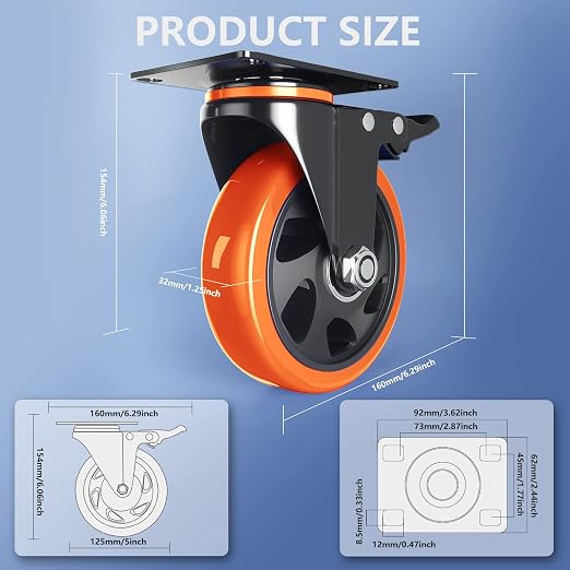 Casters Set of 4 Heavy Duty, 5 Inch Caster Wheels - Image 2
