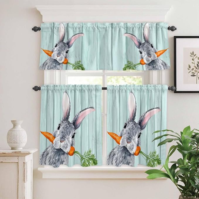 Easter Kitchen Curtain Set, Spring Rabbit Botanical Carrots Green Wooden Grain - Image 2