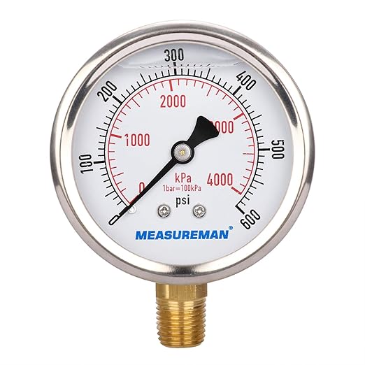 MEASUREMAN 2-1/2inch Dial Size, Oil Filled Pressure Gauge, 0-600psi/4000kpa by MEASUREMAN
