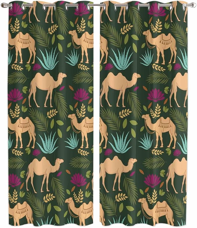 2 Panel Kitchen Cafe Curtains, Retro Desert Camel Sunlight Filtering Nature Air by Hokiten