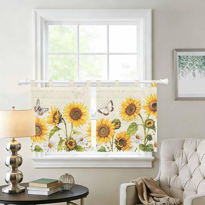 Farm Sunflowers Kitchen Curtains 36 Inch Length, Small Window Curtains Tab Top - Image 2