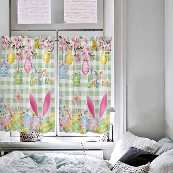 Happy Easter Kitchen Curtains 54 Inches Length, Spring Bunny Eggs Flower Sage - Image 5