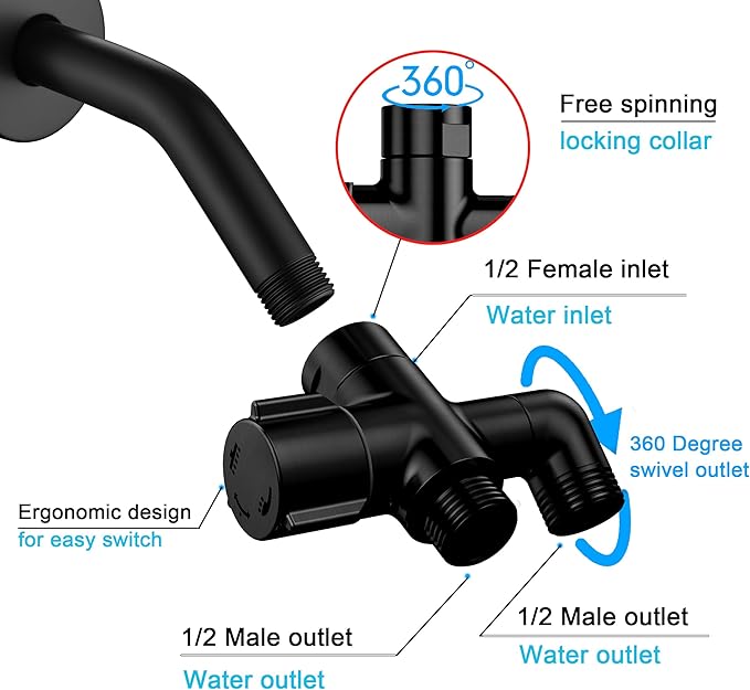 Metal 123 Way Shower Arm Diverter Valve for Handheld Shower Head and Fixed Spray Head, G1/2 Universal Bathroom System Component Replacement Part (Matte Black)