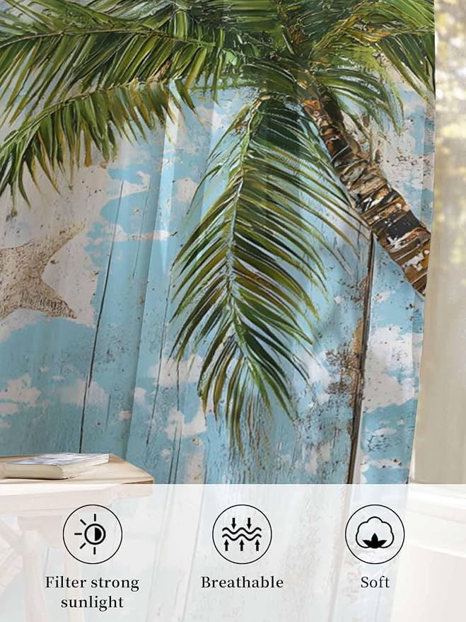 Sheer Curtains 54 Inch Length, Coastal Beach Blue Semi Sheer Curtains Light - Image 6