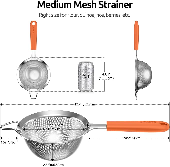 U-Taste Medium Fine Mesh Strainer: 18/8 Stainless Steel 4.73in 30 Mesh Kitchen - Image 2