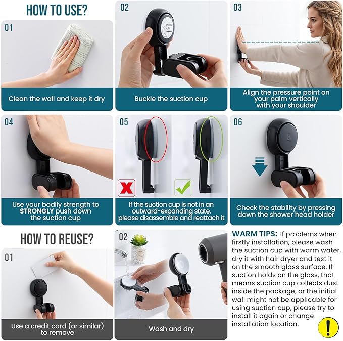 TAILI Shower Head Holder Suction Cup, Handheld Shower Head Bracket, Height Angle Adjustable Wall Mounted, Bathroom Showerhead Holder No Drilling Removable Waterproof, Black