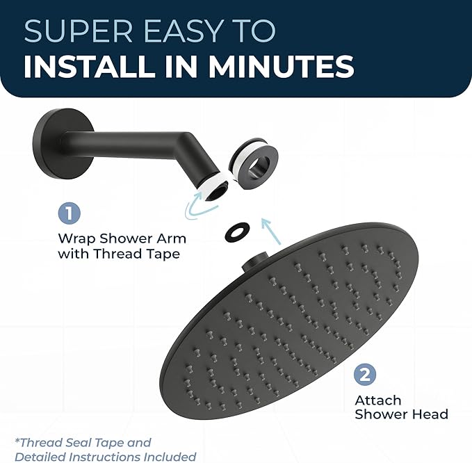 HammerHead Showers® Solid Metal 8 Inch Rainfall Shower Head – MATTE BLACK - Shower Head Rainfall - 2.5 GPM High Flow Shower Head Optimized for Pressure – Large Round Rain Shower Heads