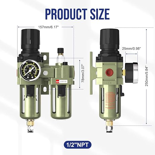 NPT 1/2 Air Regulator with Gauge, Air Compressor Water Separator with - Image 2
