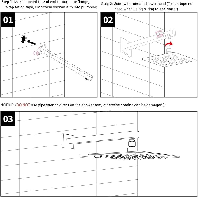 Shower Arm with Flange 16 Inch Stainless Steel Overhead Shower Extension Arm Bathroom Wall Mounted Pipe for Rainfall Showerhead, Chrome