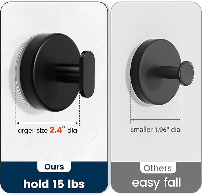 pickpiff Suction Cup Hooks for Shower: 15 LB Strong Wall Hanger for Bathroom, Front Door, Glass, Window, RV, Holder for Towel, Christmas Wreath, Coat, Loofah, Waterproof & Reusable, Black 6-Pack